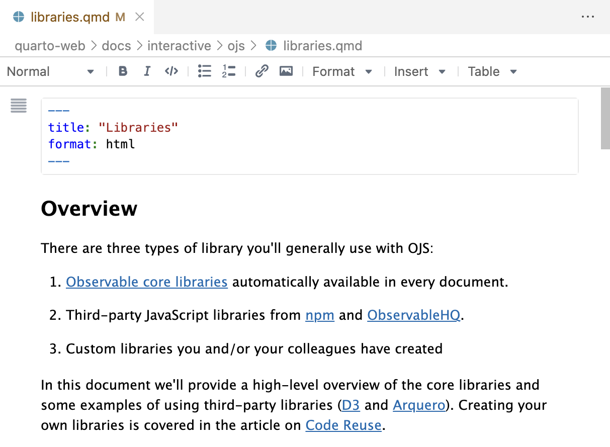 VS with a document called `libraries.qmd` open in visual editing mode. The subtitle and list of items are typeset. The visual editing toolbar is visible at the top of the document.
